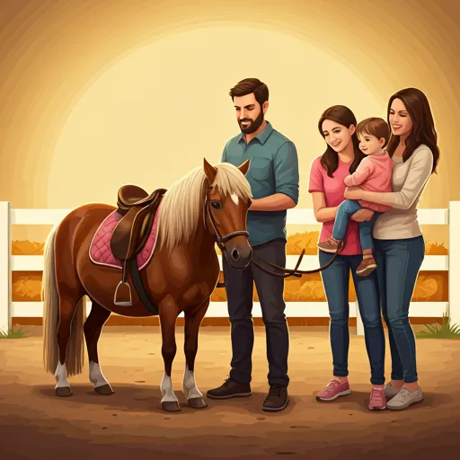 A family with young children being introduced to a friendly pony in a clean paddock.