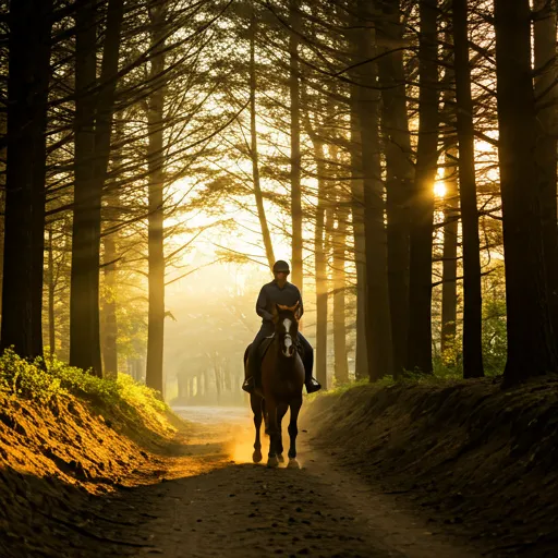 A rider on a sturdy horse navigating a beautiful trail in golden hour light.