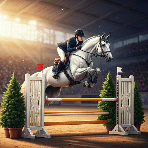A white horse and rider suspended in the air over a decorative hurdle.