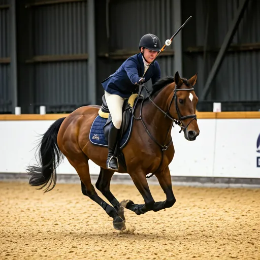 A horse and rider competing in tent pegging, mid-gallop with a lance.
