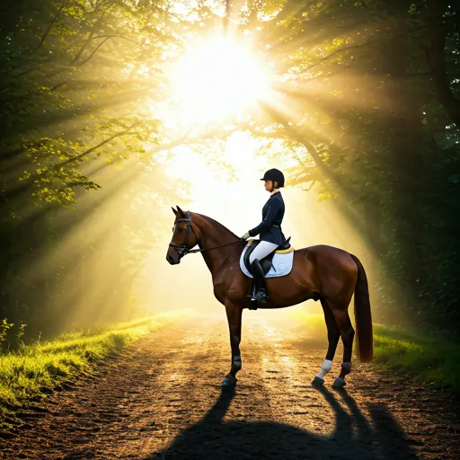 A horse and rider in formal equestrian gear on a misty trail at dawn in Faridabad.
