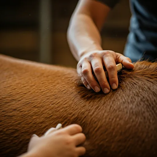 A master instructor teaching a young student to groom a horse.