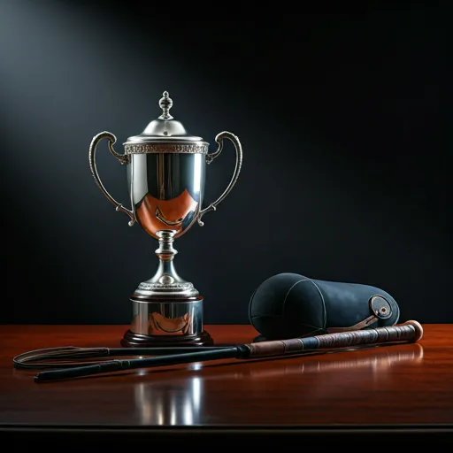 A silver trophy and leather riding crop on a polished mahogany table.
