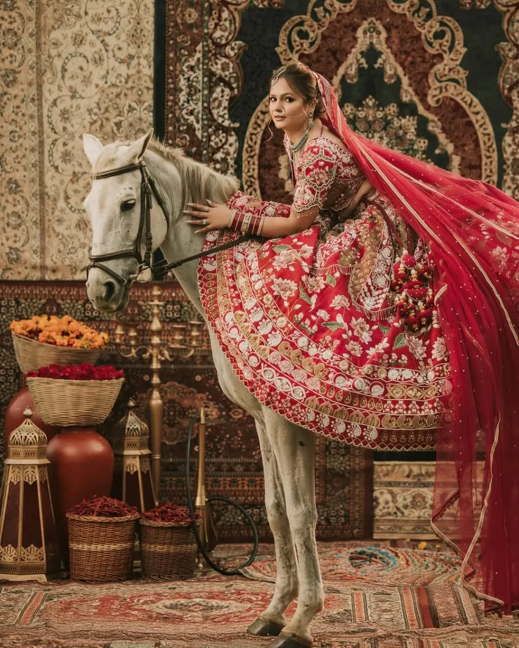 A bride in a red embroidered lehenga seated on a white horse, framed by a garland-and-tapestry archway.