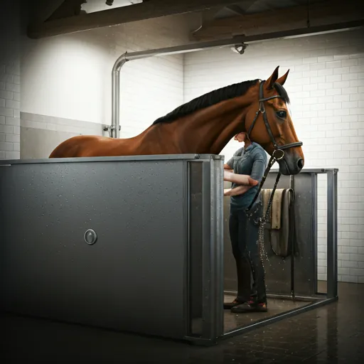 A horse in a state-of-the-art washing station with white tiles and chrome fixtures.
