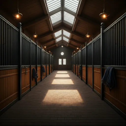 A luxurious interior of a modern equestrian stable with warm lighting.