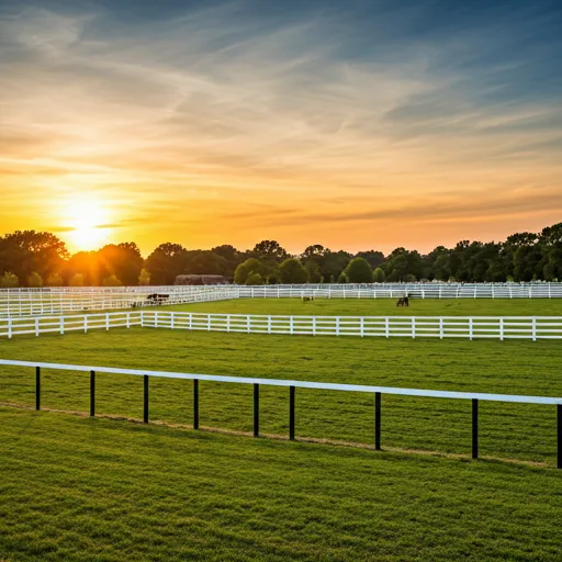 An expansive green paddock at golden hour with white post-and-rail fence and horses grazing.