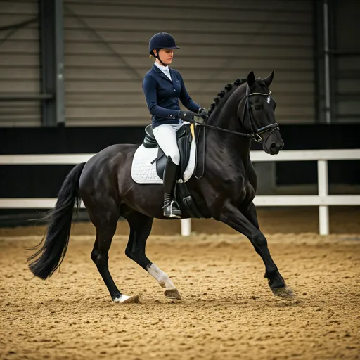 A skilled rider executing a precise canter on a black stallion in a sandy arena.