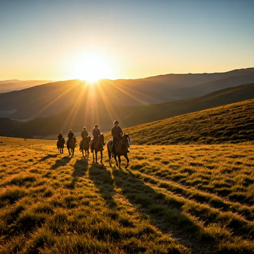 A group of riders on a long-distance trail across rolling hills and distant mountains.